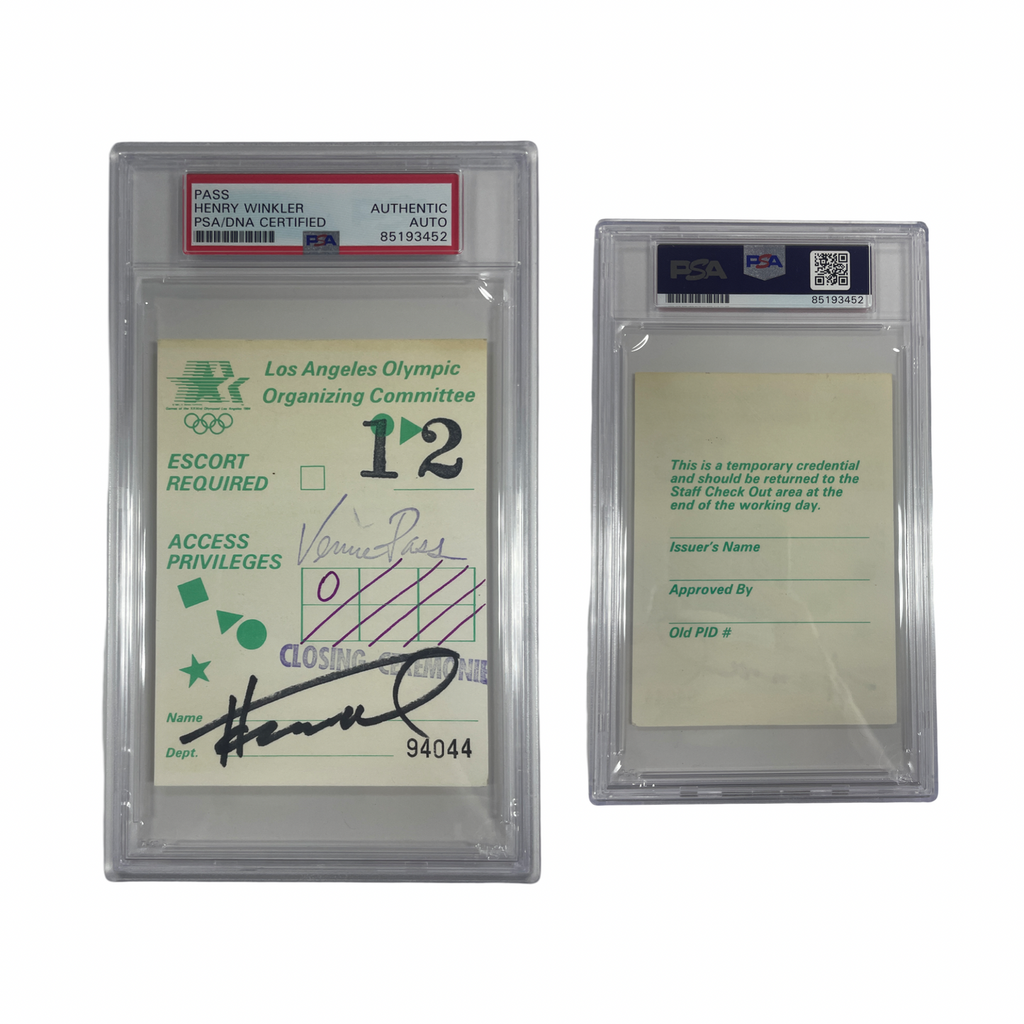 Henry Winkler Autographed Olympics Closing Ceremony Pass From Personal Collection PSA Auto Authentic