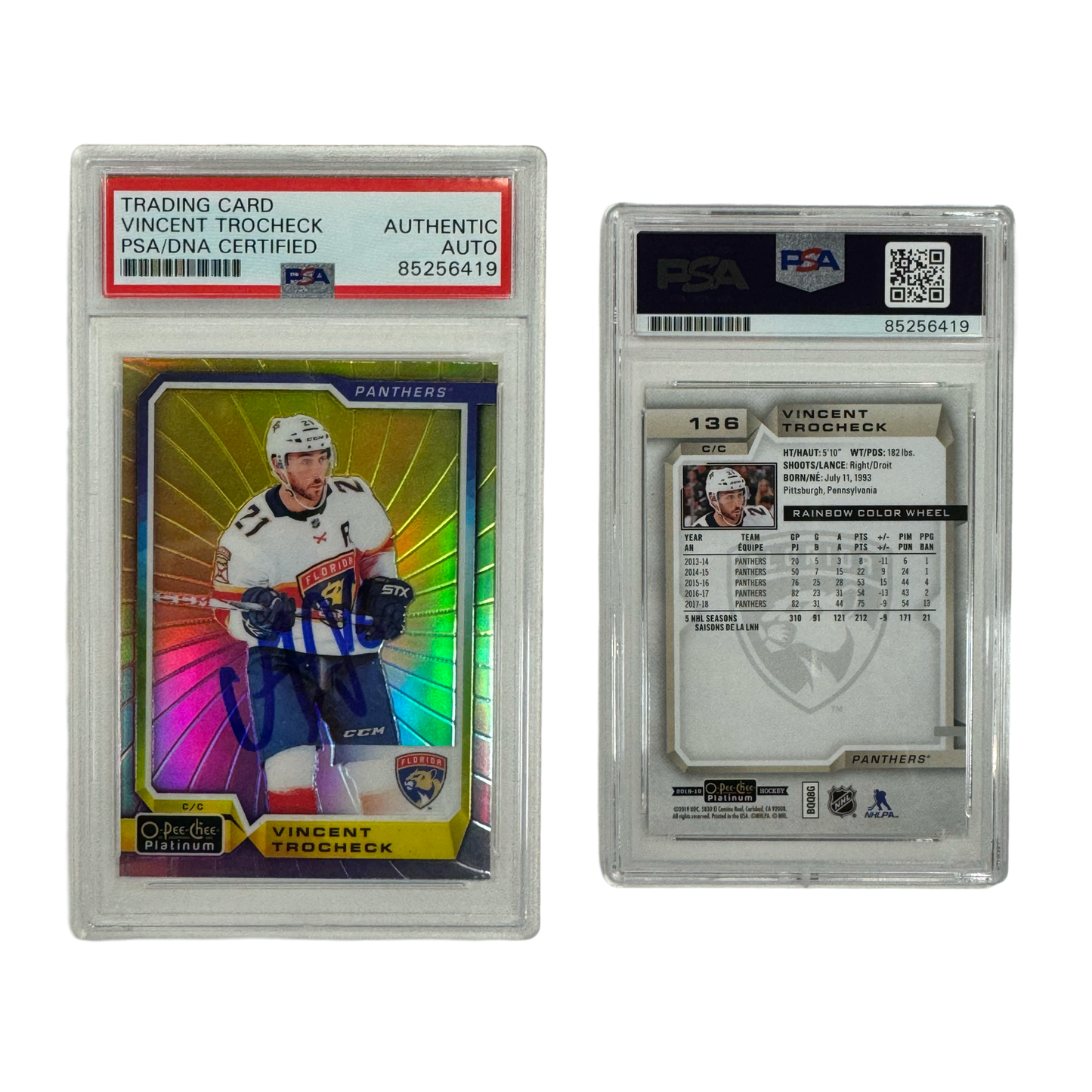 2018-19 Vincent Trocheck Autographed O-Pee Chee Platinum Rainbow Color Wheel #136 PSA Auto Authentic