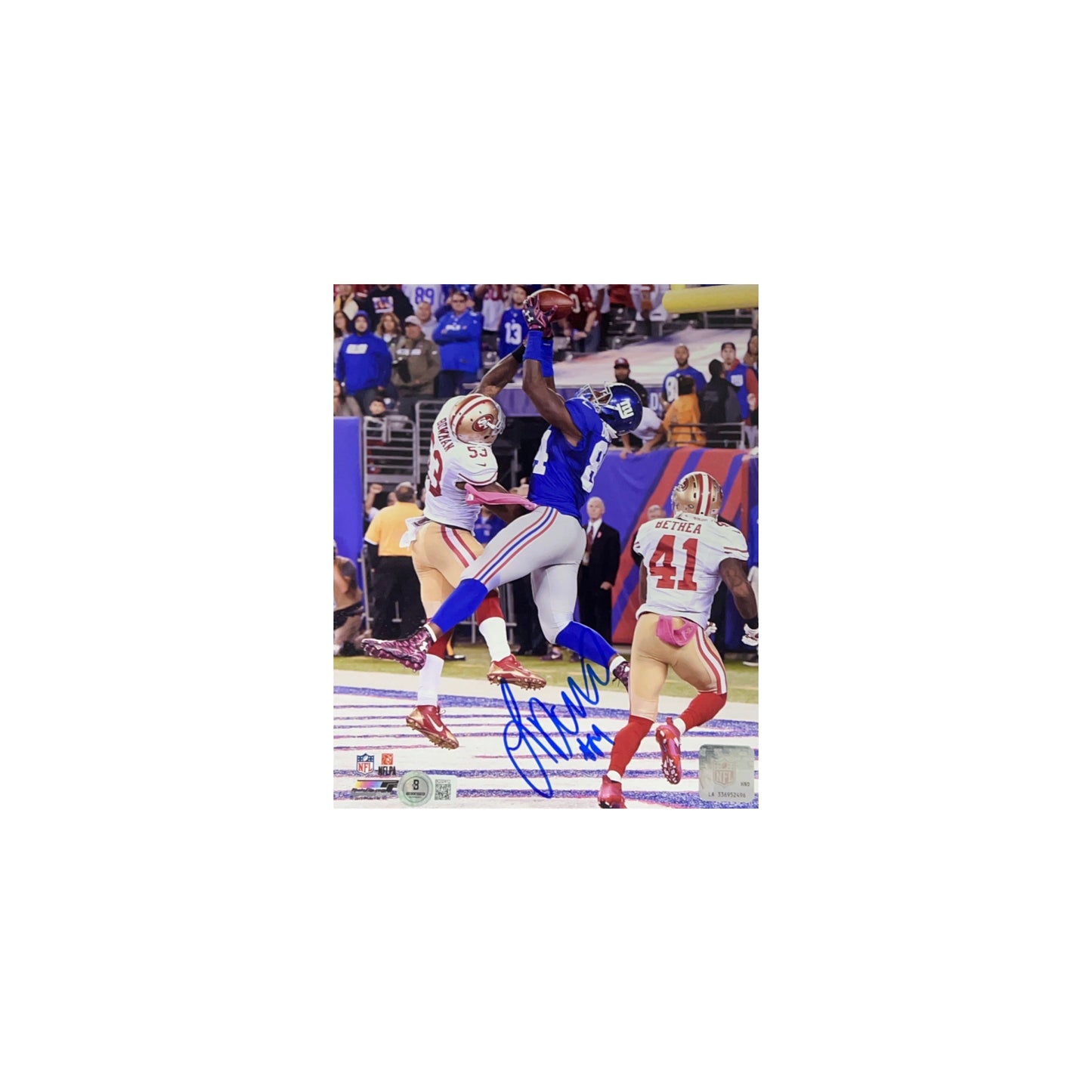 Larry Donnell Autographed New York Giants Touchdown Grab 8x10 Beckett