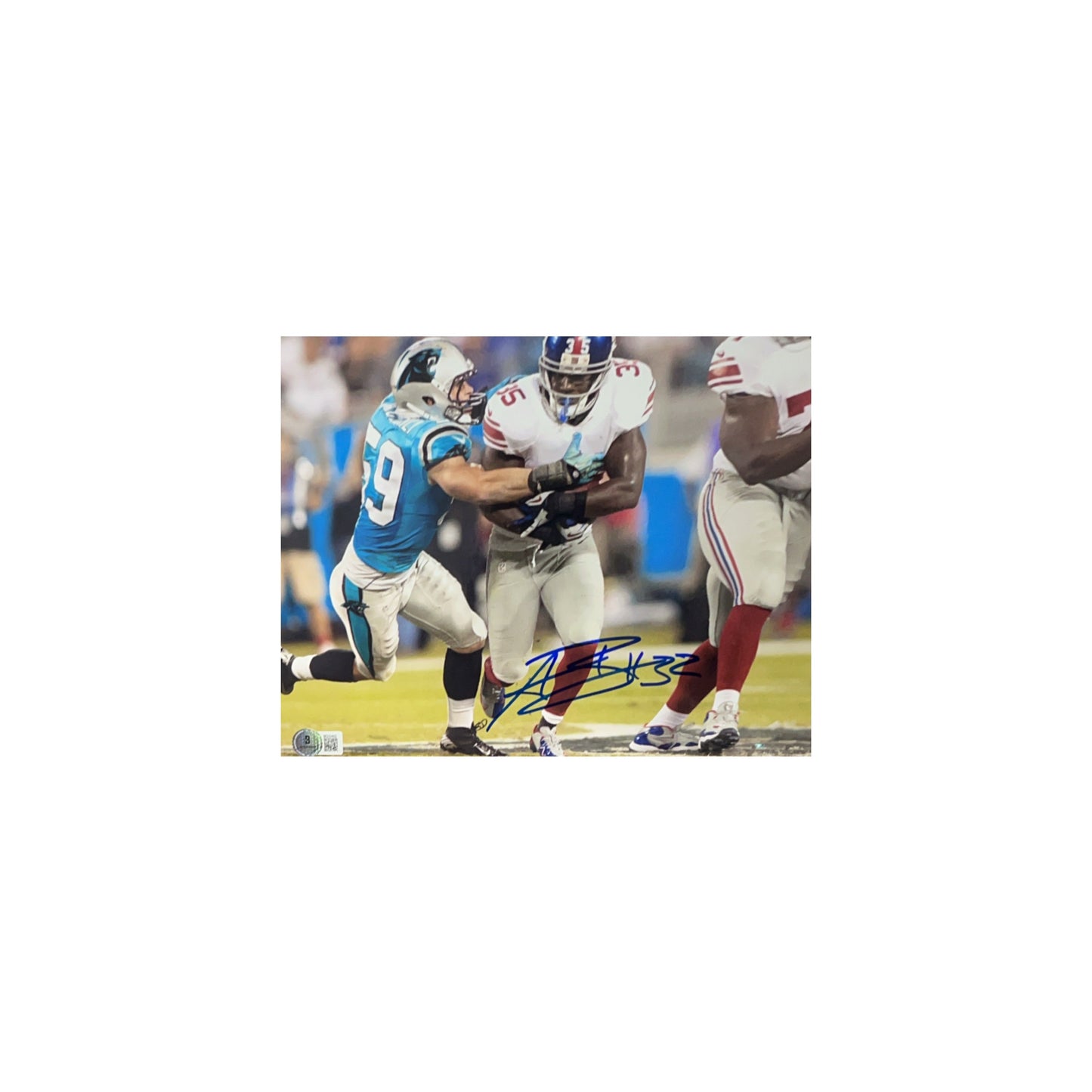 Andre Brown Autographed New York Giants vs. Kuechly 8x10 Beckett