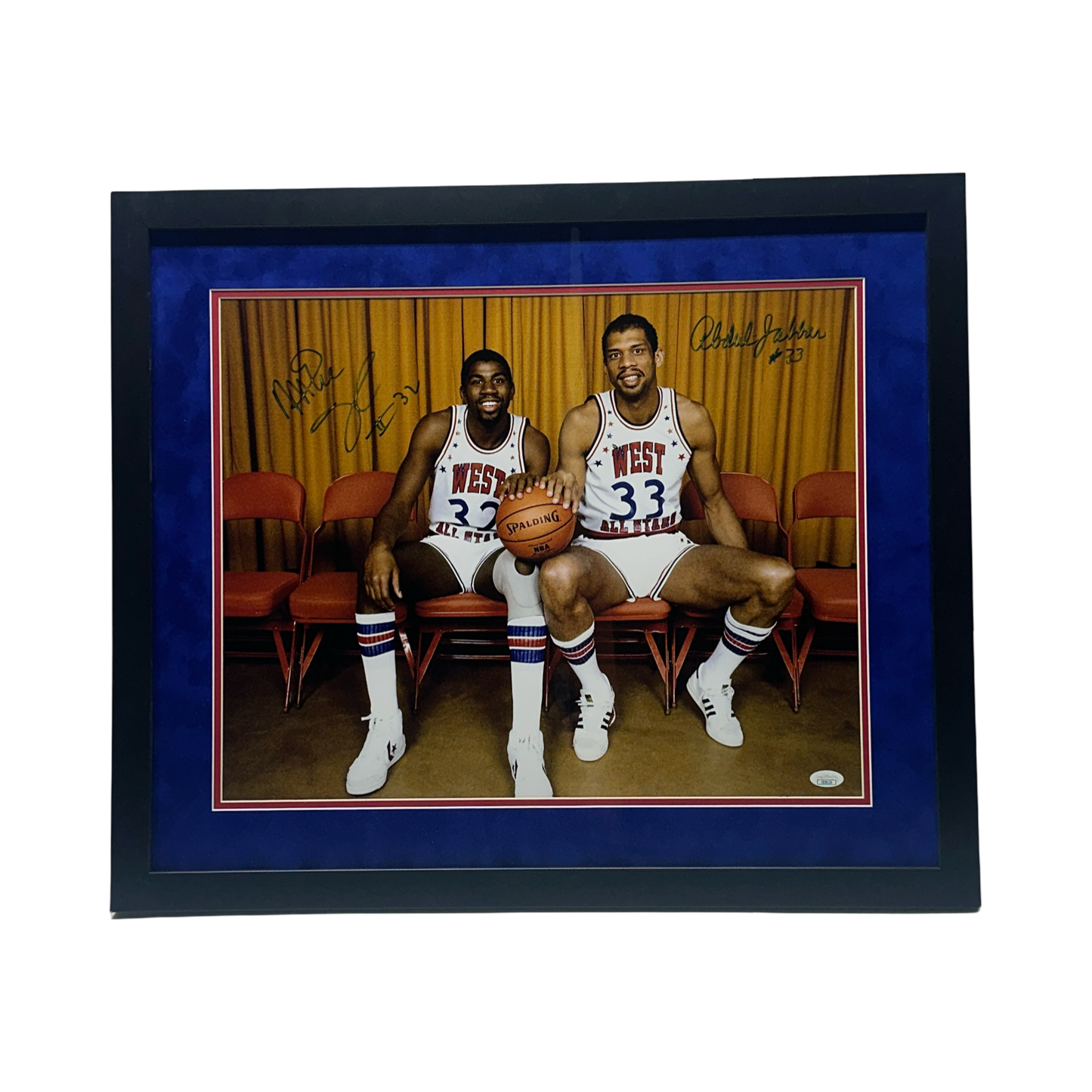 Magic Johnson & Kareem Abdul-Jabbar Autographed All Star Game Sitting 16x20 JSA - Framed