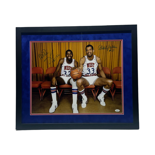 Magic Johnson & Kareem Abdul-Jabbar Autographed All Star Game Sitting 16x20 JSA - Framed