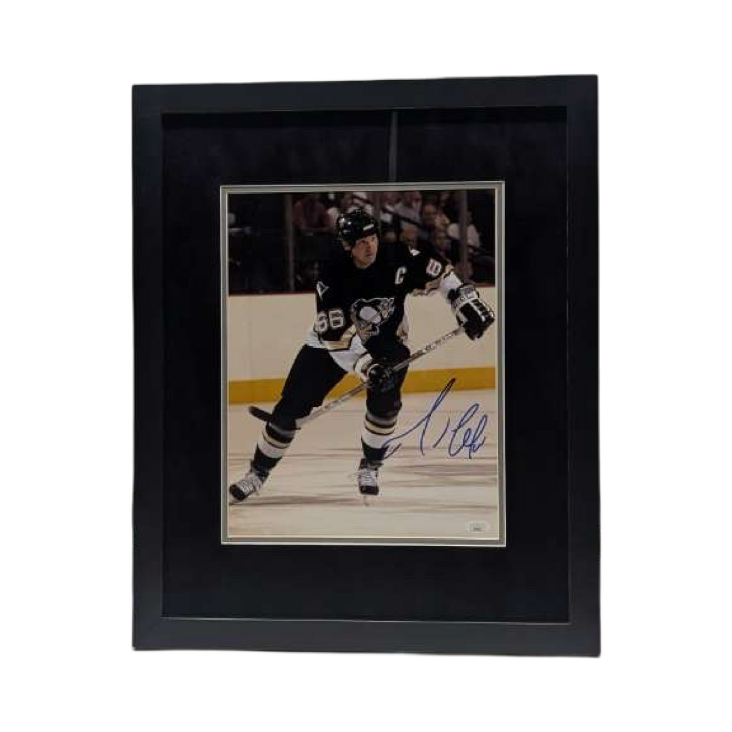 Mario Lemieux Autographed Pittsburg Penguins Black Jersey Stick Up Vertical 11x14 JSA - Framed