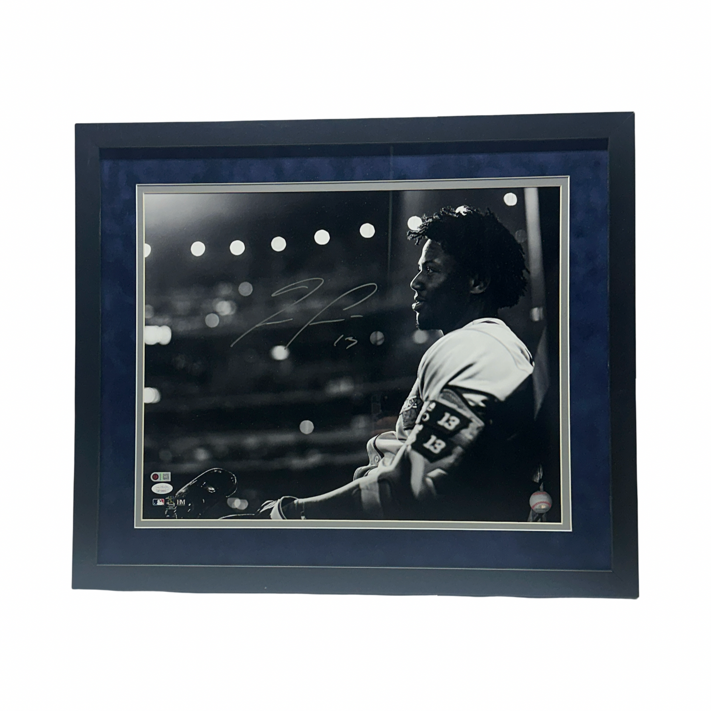 Ronald Acuna Jr Autographed Atlanta Braves Black & White Sitting 16x20 JSA - Framed