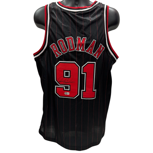 Dennis Rodman Autographed Chicago Bulls Black Pinstripe Jersey Beckett