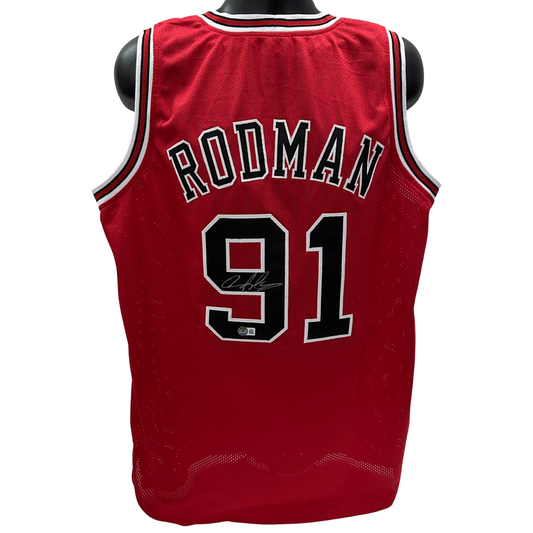 Dennis Rodman Autographed Chicago Bulls Red Jersey Beckett