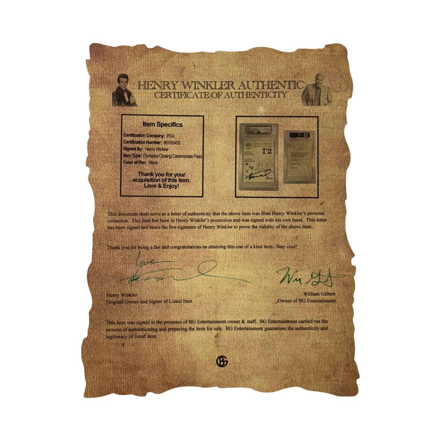 Henry Winkler Autographed Olympics Closing Ceremony Pass From Personal Collection PSA Auto Authentic