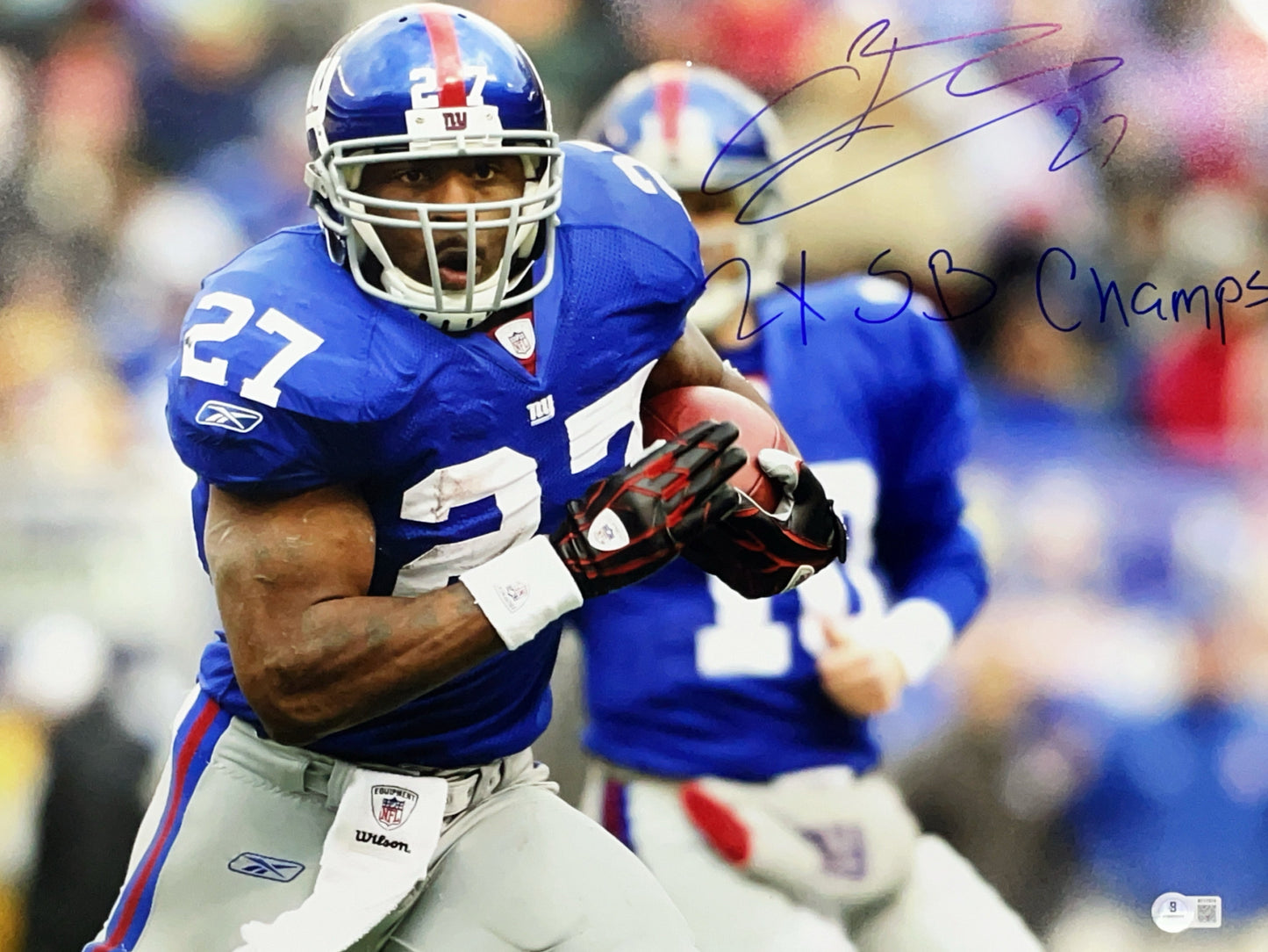 Brandon Jacobs Autographed New York Giants Horizontal Run Inscribed "2x SB Champs" 16x20 Photo Beckett BAS