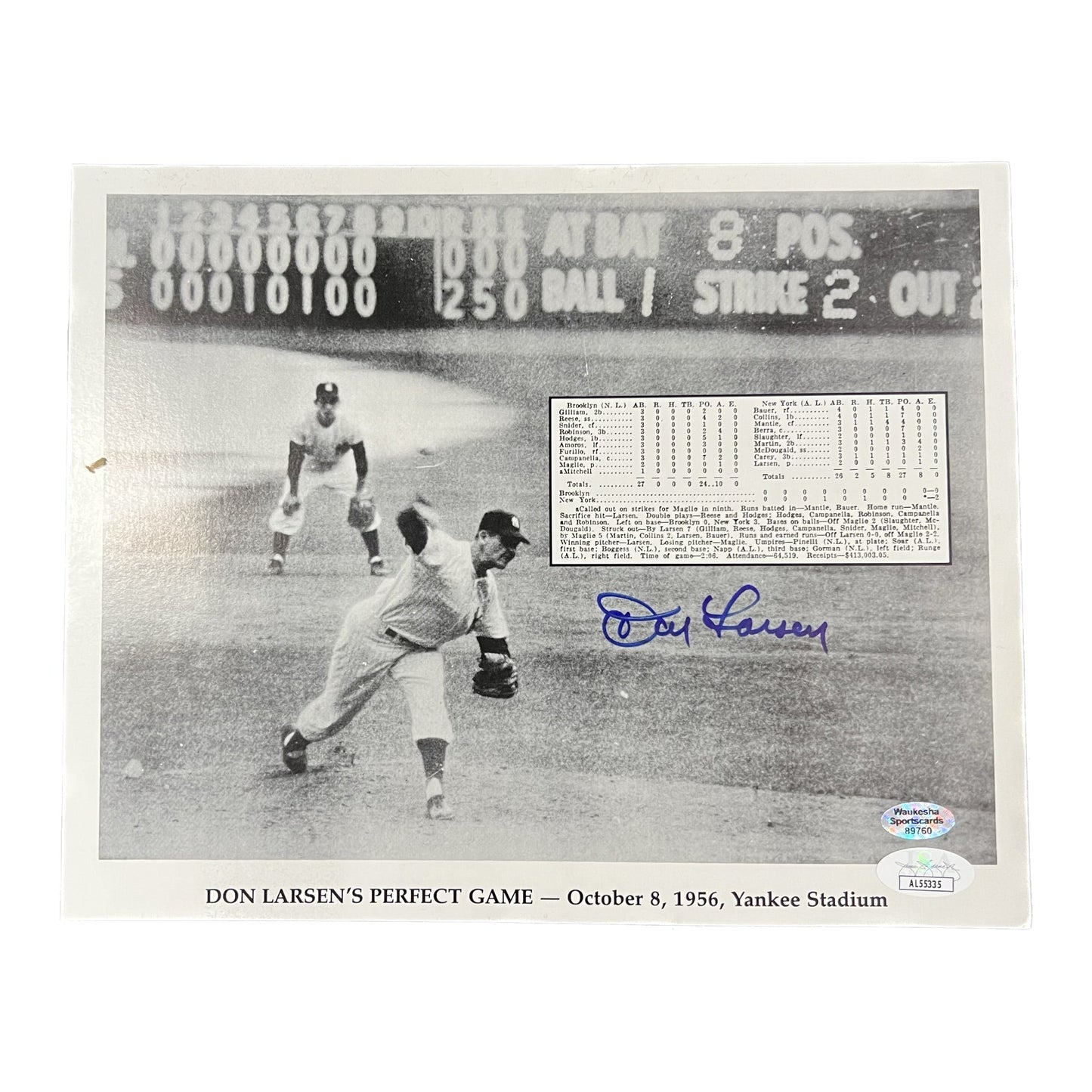 Don Larsen Autographed Perfect Game B&W Waukesha 8x10 JSA