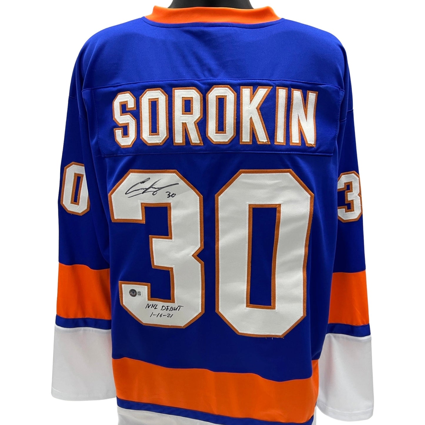 Ilya Sorokin Autographed New York Islanders Blue Jersey NHL Debut 1–16-21 Inscription Beckett
