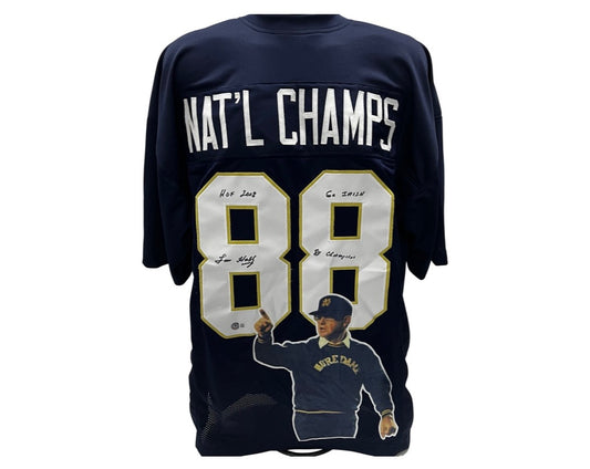 Lou Holtz Notre Dame Autographed Navy "Nat'l Champs #88" Art Stat Jersey Beckett
