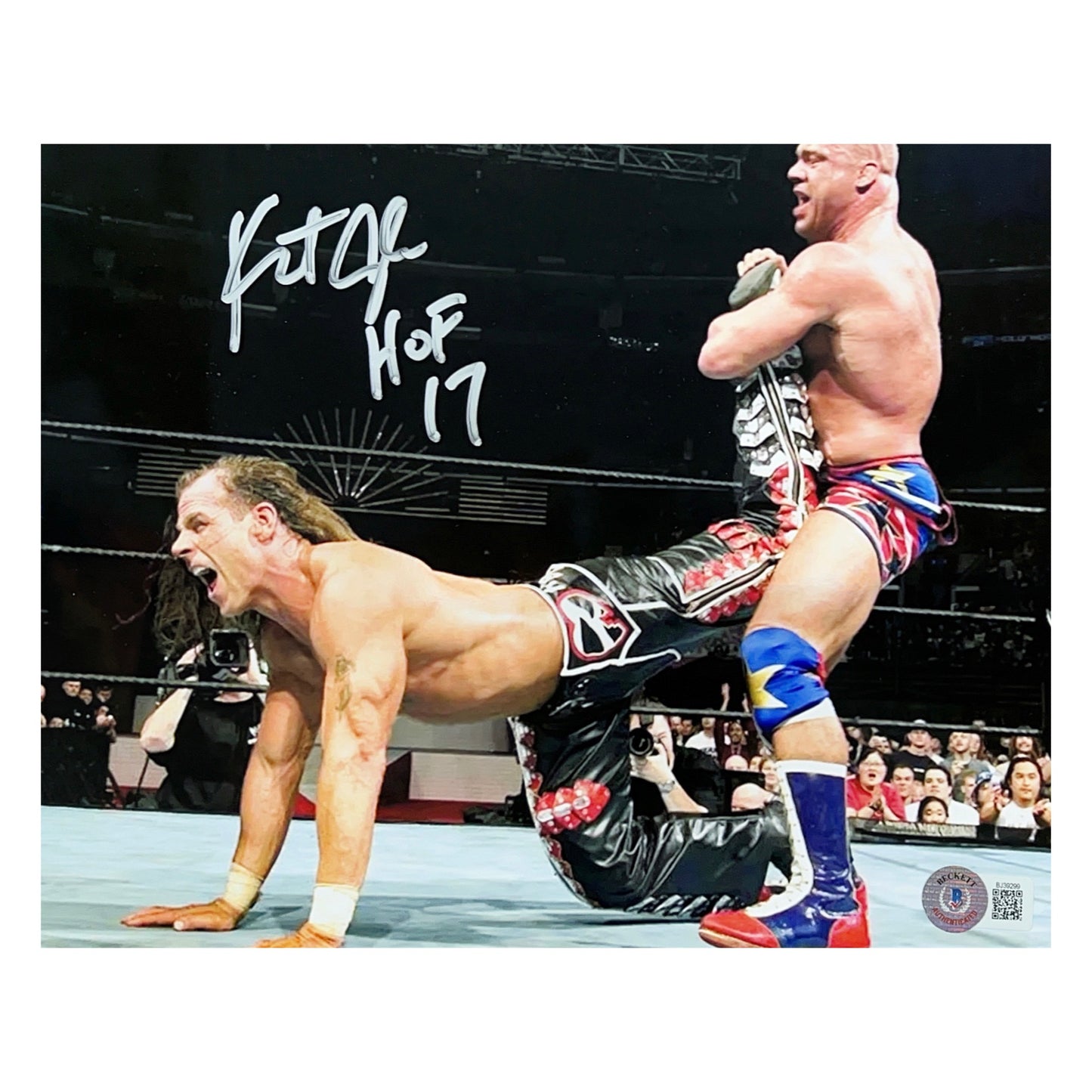 Kurt Angle Autographed Ankle Lock on Shawn Michaels Horizontal 8x10 Beckett