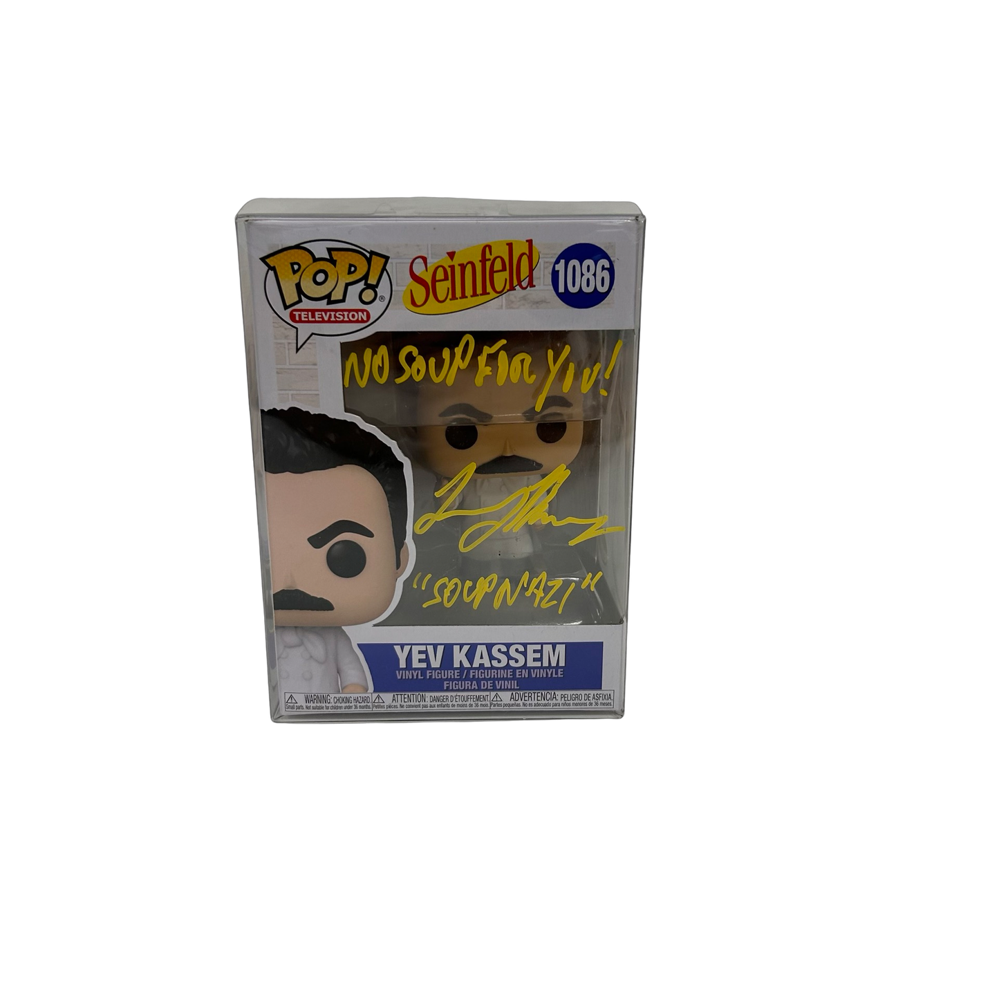 Larry Thomas Autographed Seinfeld Soup Nazi Funko Pop "No Soup For You! & Soup Nazi" Inscription Yellow Ink JSA
