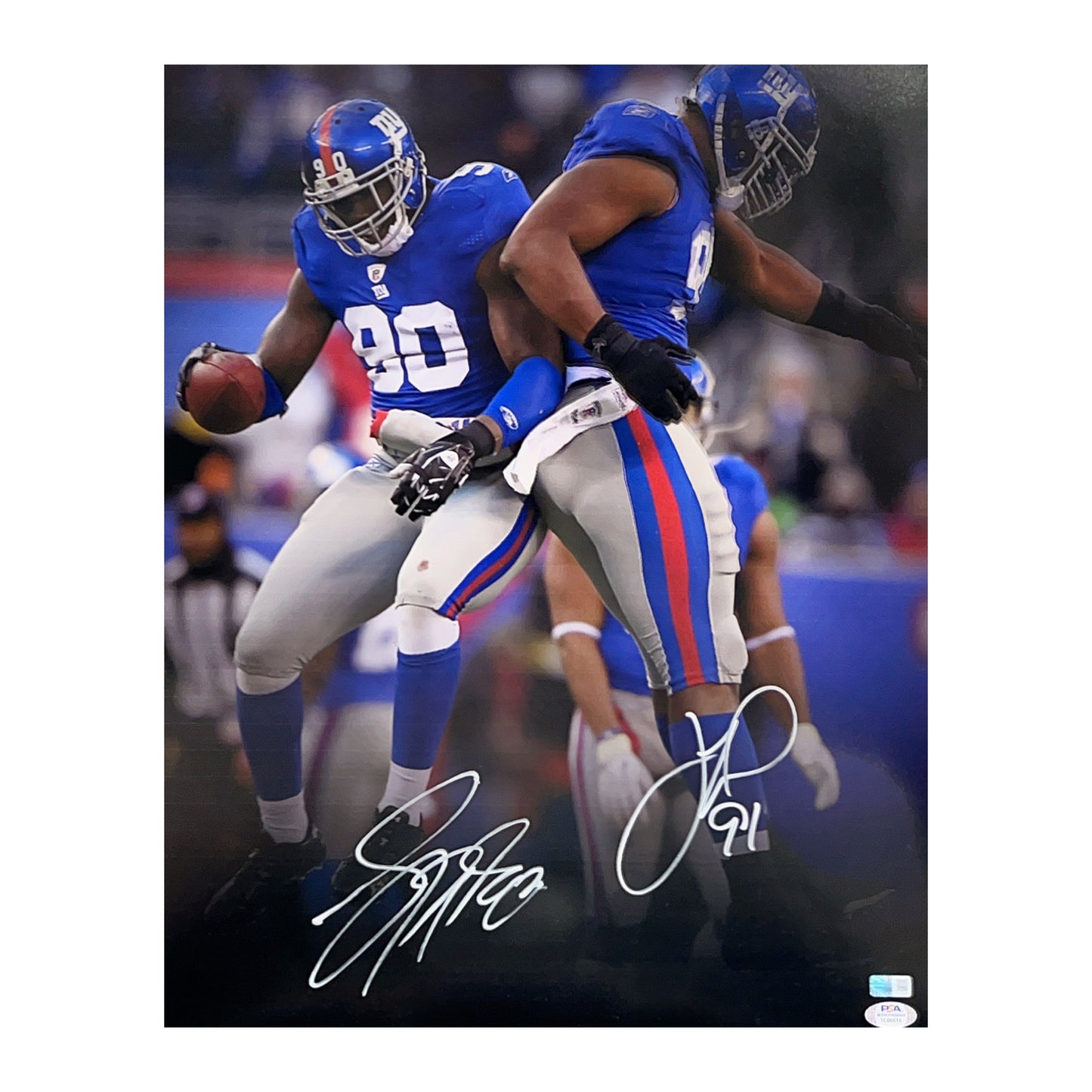 Justin Tuck & Jason Pierre Paul Jump Celebration 16x20 Steiner CX & PSA