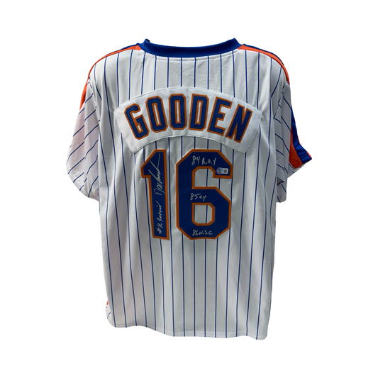 Doc Gooden Autographed New York Mets Pinstripe Jersey "#16 Retired, 84 ROY, 85 Cy, 86 WSC" Inscriptions Beckett