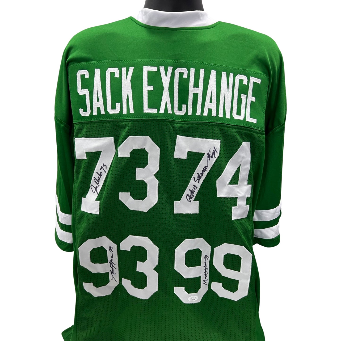 Mark Gastineau, Joe Klecko, Marty Lyons & Abdul Salaam Autographed New York Jets Sack Exchange Green Jersey JSA
