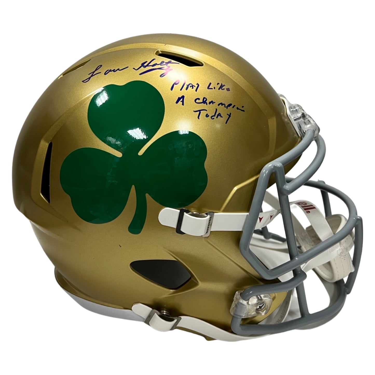 Lou Holtz Autographed Notre Dame Fighting Irish Shamrock Speed Replica Helmet “Play Like a Champion Today” Inscription Steiner CX