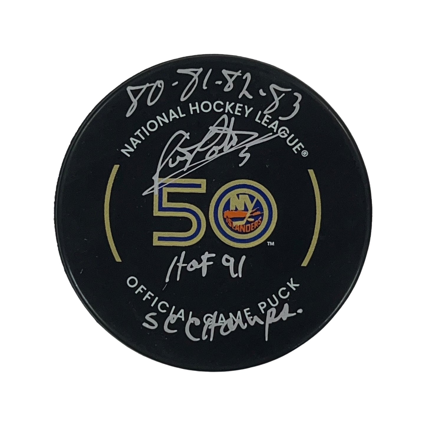 Denis Potvin Autographed New York Islanders Official Game Puck “HOF 91, 80 81 82 83 SC Champs” Inscriptions Steiner CX