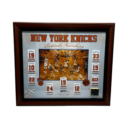 New York Knicks Retired Numbers Framed 20x24 w/ Floor Piece & Net Steiner
