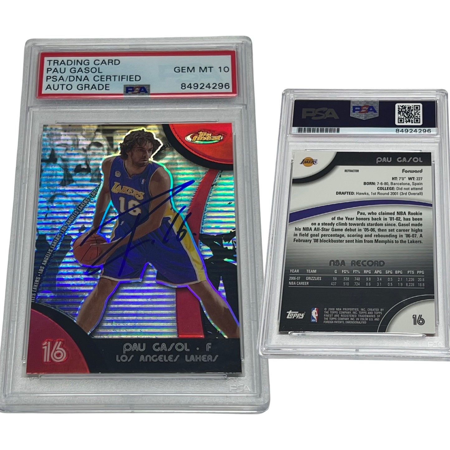 2007-08 Pau Gasol Topps Finest Refractor #16 Autographed PSA Auto GEM MINT 10
