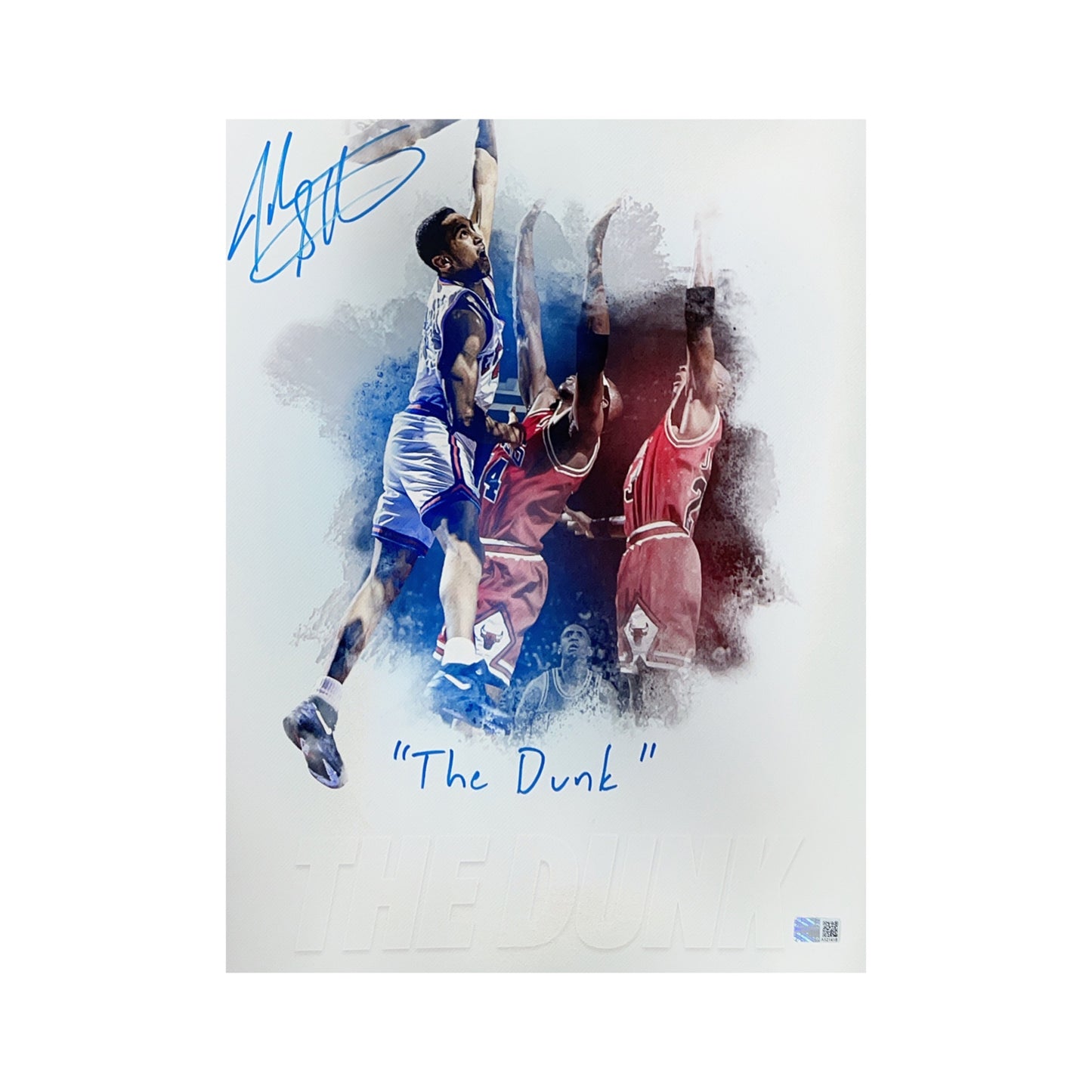 John Starks Autographed New York Knicks White “The Dunk” Edit 11x14 “The Dunk” Inscription Steiner CX