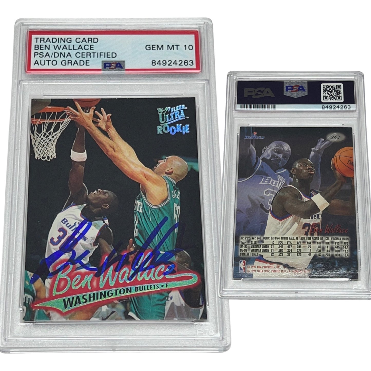 1996-97 Ben Wallace Fleer Ultra Rookie Card #263 Autographed PSA Auto GEM MINT 10