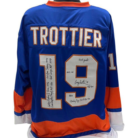 Bryan Trottier Autographed New York Islanders Blue Jersey "HOF 97, Stanley Cups 80 81 82 83, 524 Goals, NHL 100, Calder Rookie of the Year 1976, Conn Smythe Playoff MVP 1980, Art Ross Scoring 1979, Hart League MVP 1979" Inscription Steiner CX