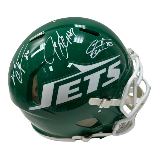 Wayne Chrebet, Laveranues Coles & Santana Moss Autographed New York Jets Old School Green Speed Authentic Helmet Steiner CX