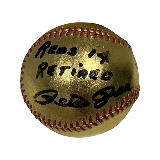 Pete Rose Autographed Cincinnati Reds Gold OMLB “Reds #14 Retired” Inscription Steiner CX
