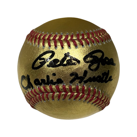 Pete Rose Autographed Cincinnati Reds Gold OMLB “Charlie Hustle” Inscription Steiner CX
