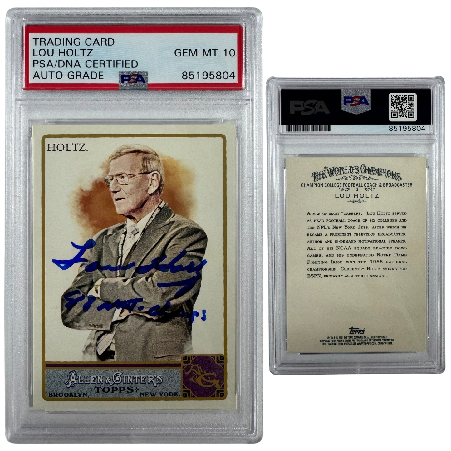 2011 Lou Holtz Autographed Topps Allen & Ginter #3 “88 Nat Champs” Inscription PSA Auto GM MT 10