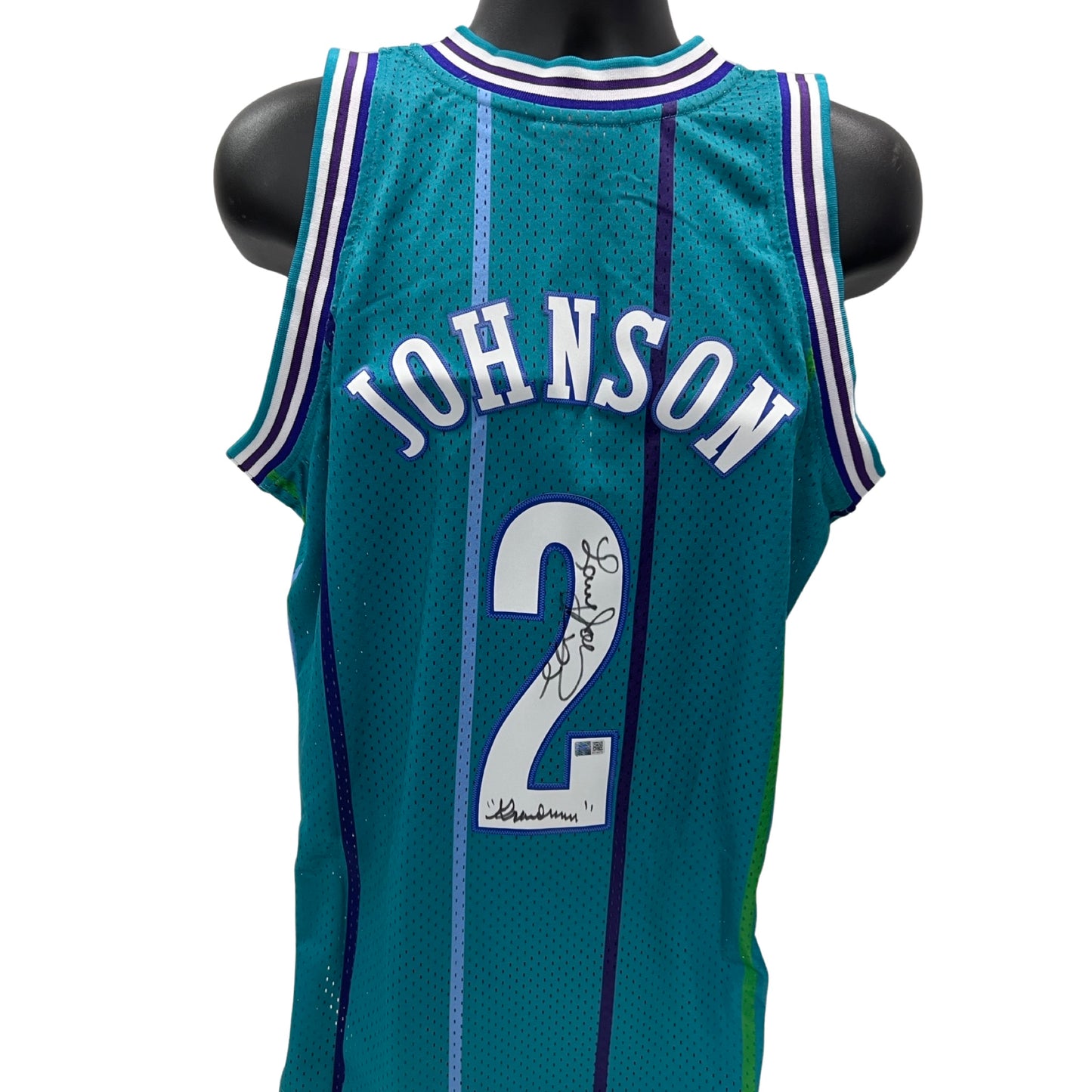 Larry Johnson Autographed Charlotte Hornets Teal 1992-93 Mitchell & Ness Swingman Jersey “Grandmama” Inscription Steiner CX