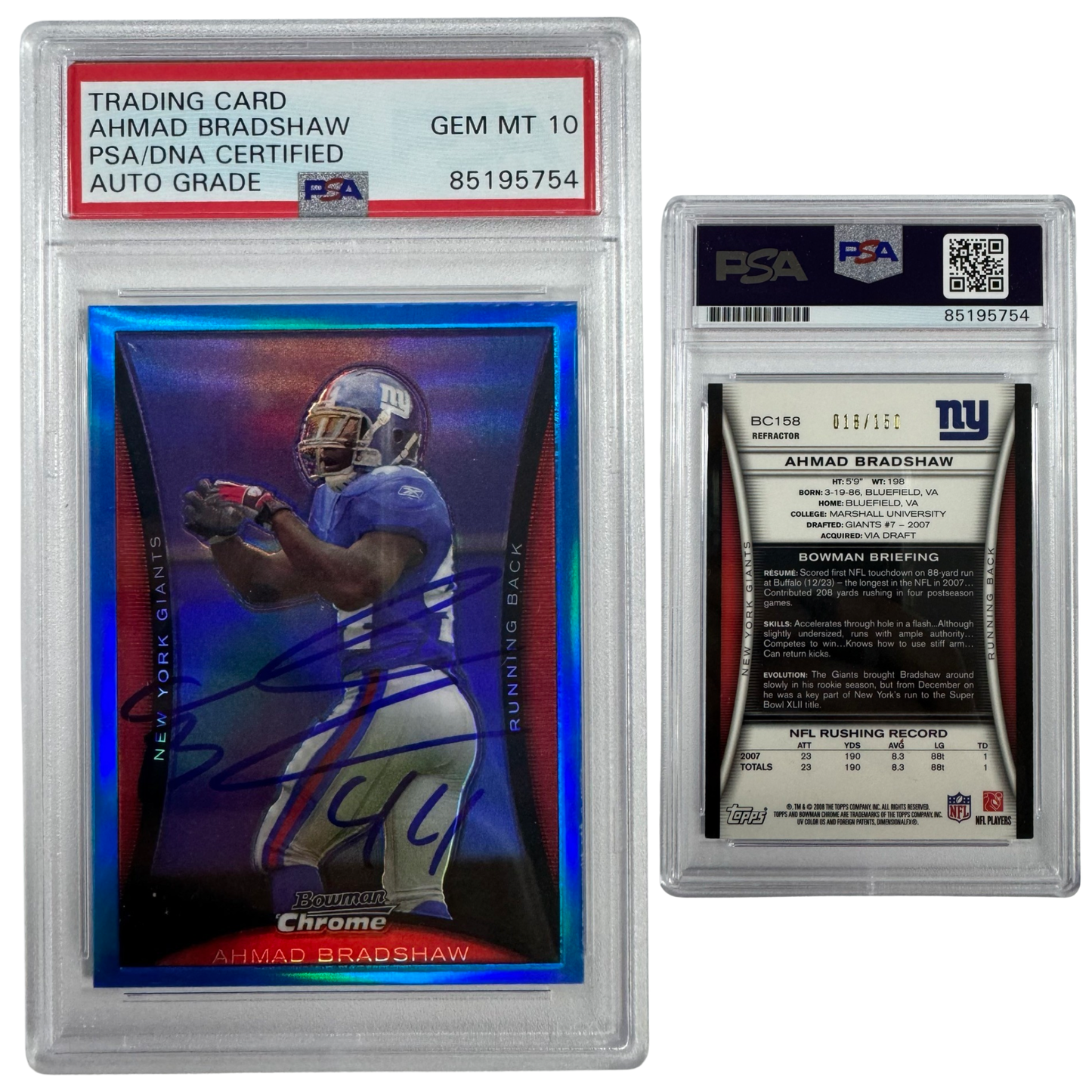 2008 Ahmad Bradshaw Autographed Bowman Chrome /150 #BC158 PSA Auto GEM MT 10