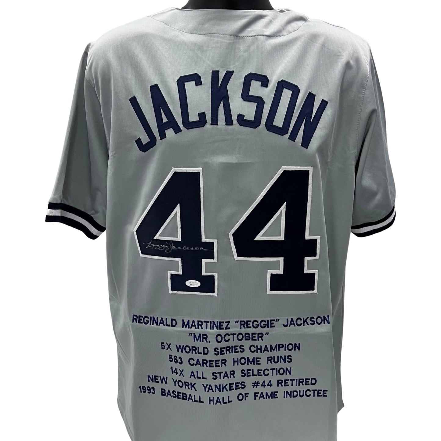 Reggie Jackson Autographed New York Yankees Grey Stat Jersey JSA