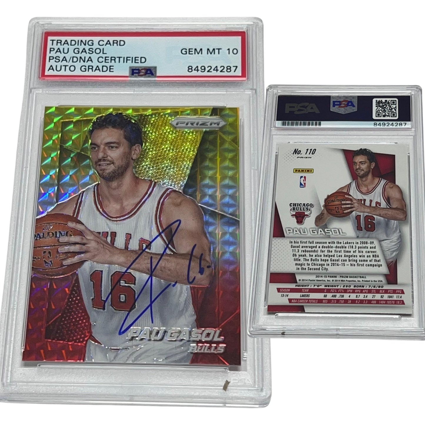 2014-15 Pau Gasol Panini Prizm Yellow & Red Mosaic #110 Autographed PSA Auto GEM MINT 10