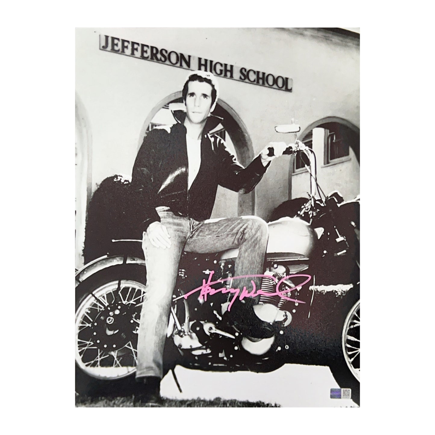 Henry Winkler Autographed Fonzie On Bike Pink 11x14 Photo Steiner CX
