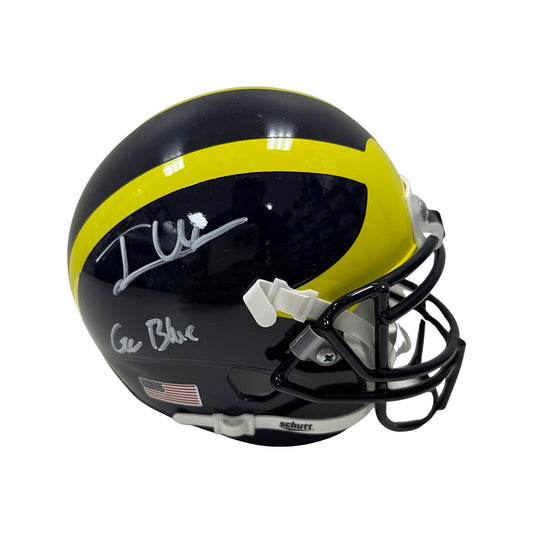 Josh Uche Autographed Michigan Wolverines Schutt Mini Helmet “Go Blue” Inscription Steiner CX