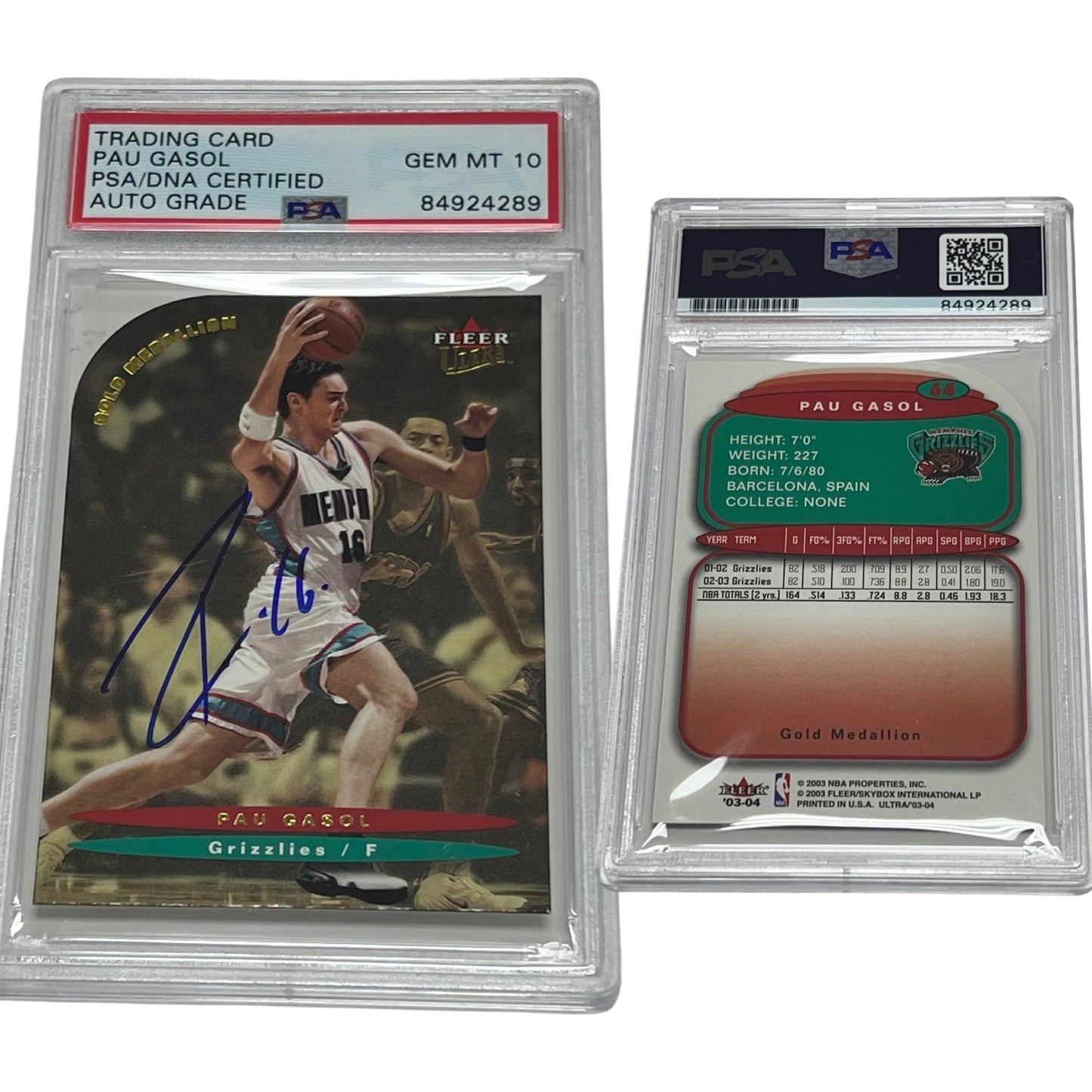 2003-04 Pau Gasol Fleer Ultra Gold Medallion #64 Autographed PSA Auto GEM MINT 10