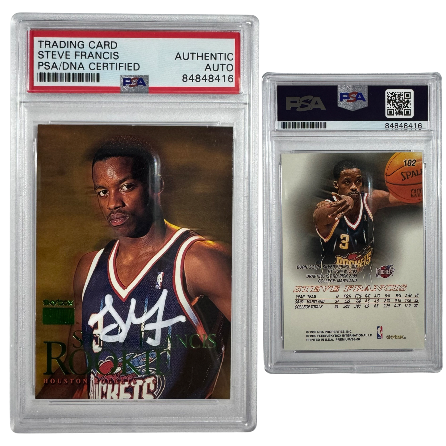 1999-00 Steve Francis Autographed Skybox Premium Rookie #102 PSA Auto Authentic