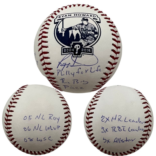 Ryan Howard Autographed Philadelphia Phillies Retirement Logo Baseball "The Big Piece, 08 WSC, Philly for Life, 05 NL ROY, 06 NL MVP, 2x HR Leader, 3x RBI Leader, 3x All Star" Inscriptions Steiner CX