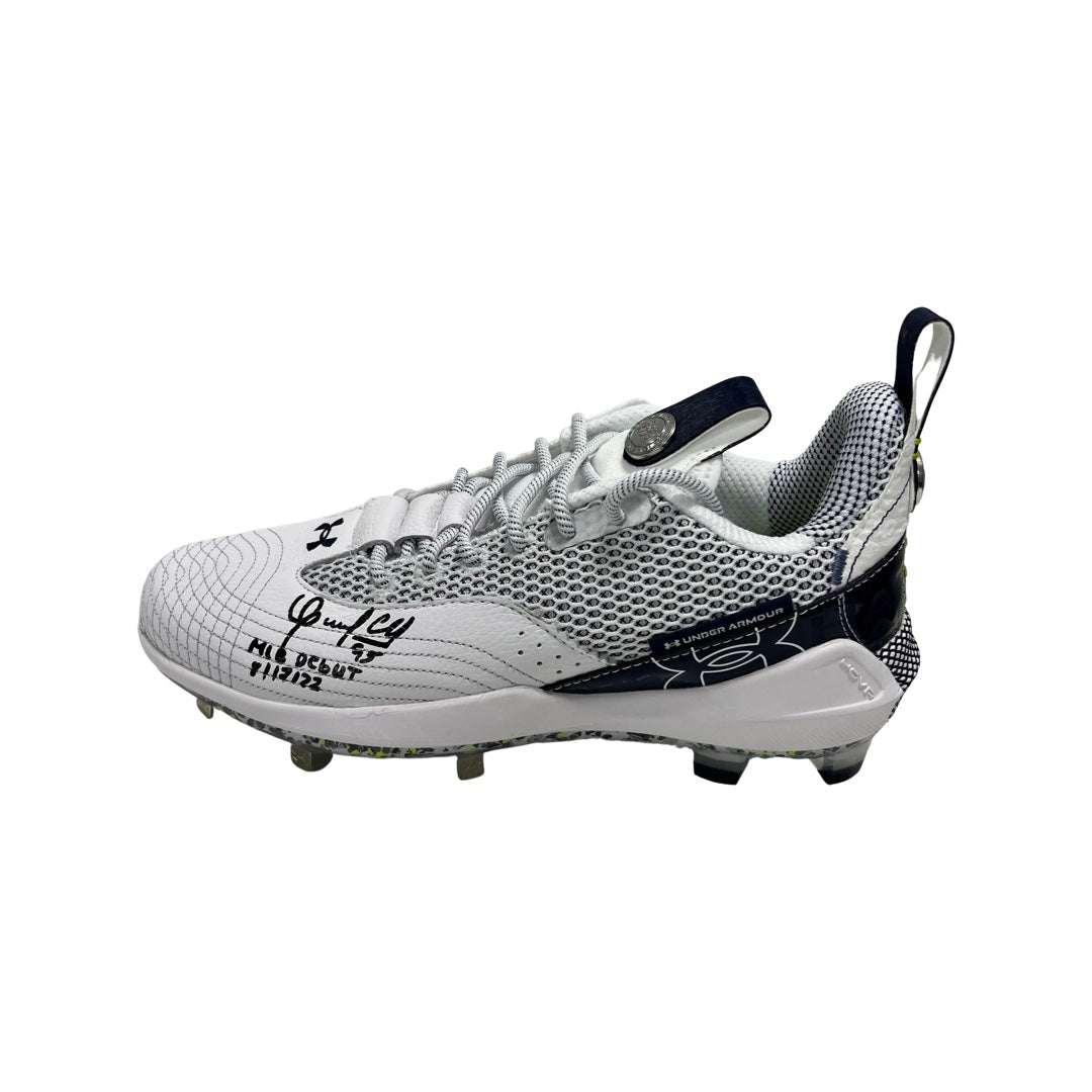 Oswaldo Cabrera Autographed New York Yankees Under Armour Bryce Harper Game Model (Left) Cleat (Black Ink) “MLB Debut 8/17/22” Inscription Steiner CX