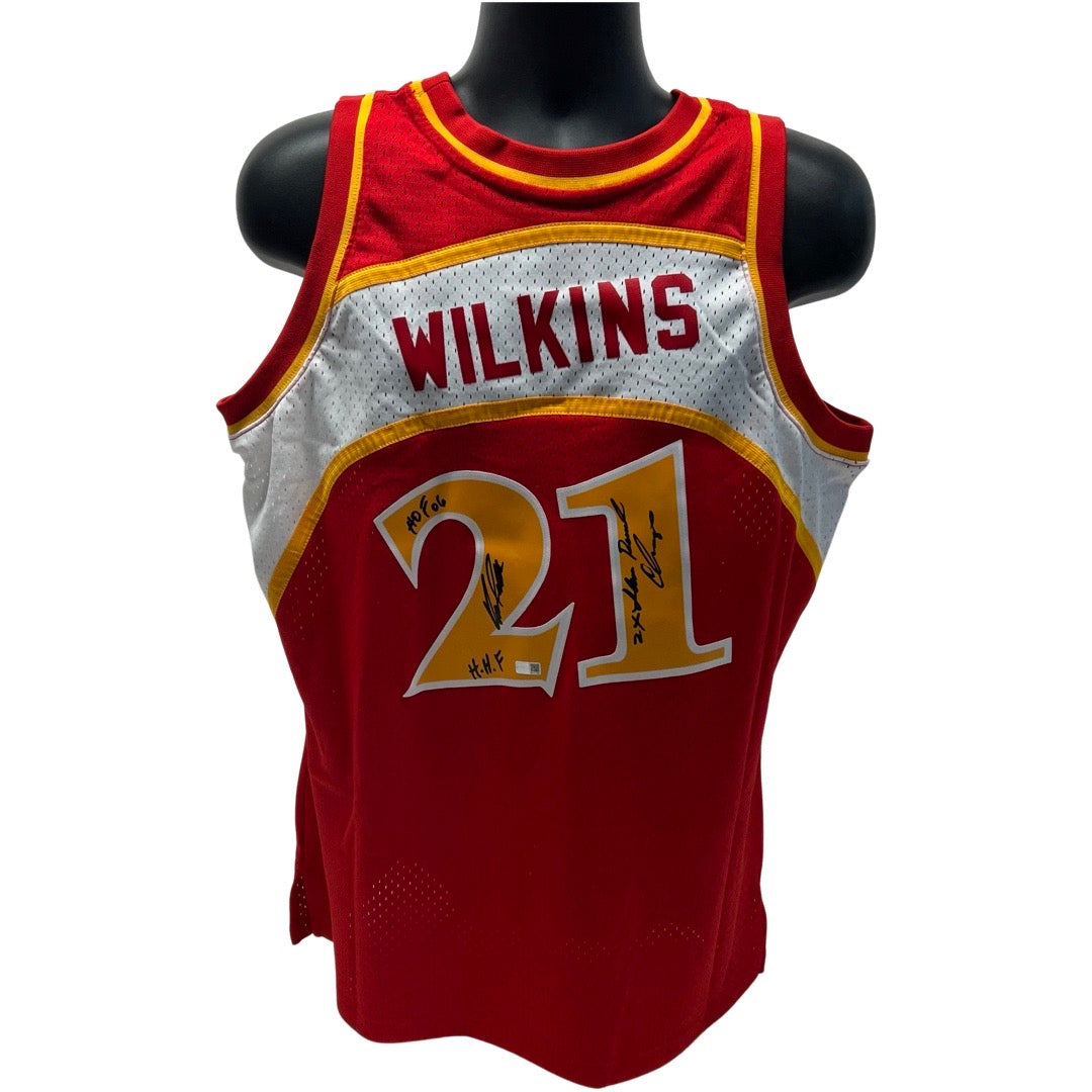Dominique Wilkins Autographed Atlanta Hawks Red Mitchell & Ness Swingman Jersey "HOF 06, HHF, 2X Dunk Champ" Inscriptions Steiner CX