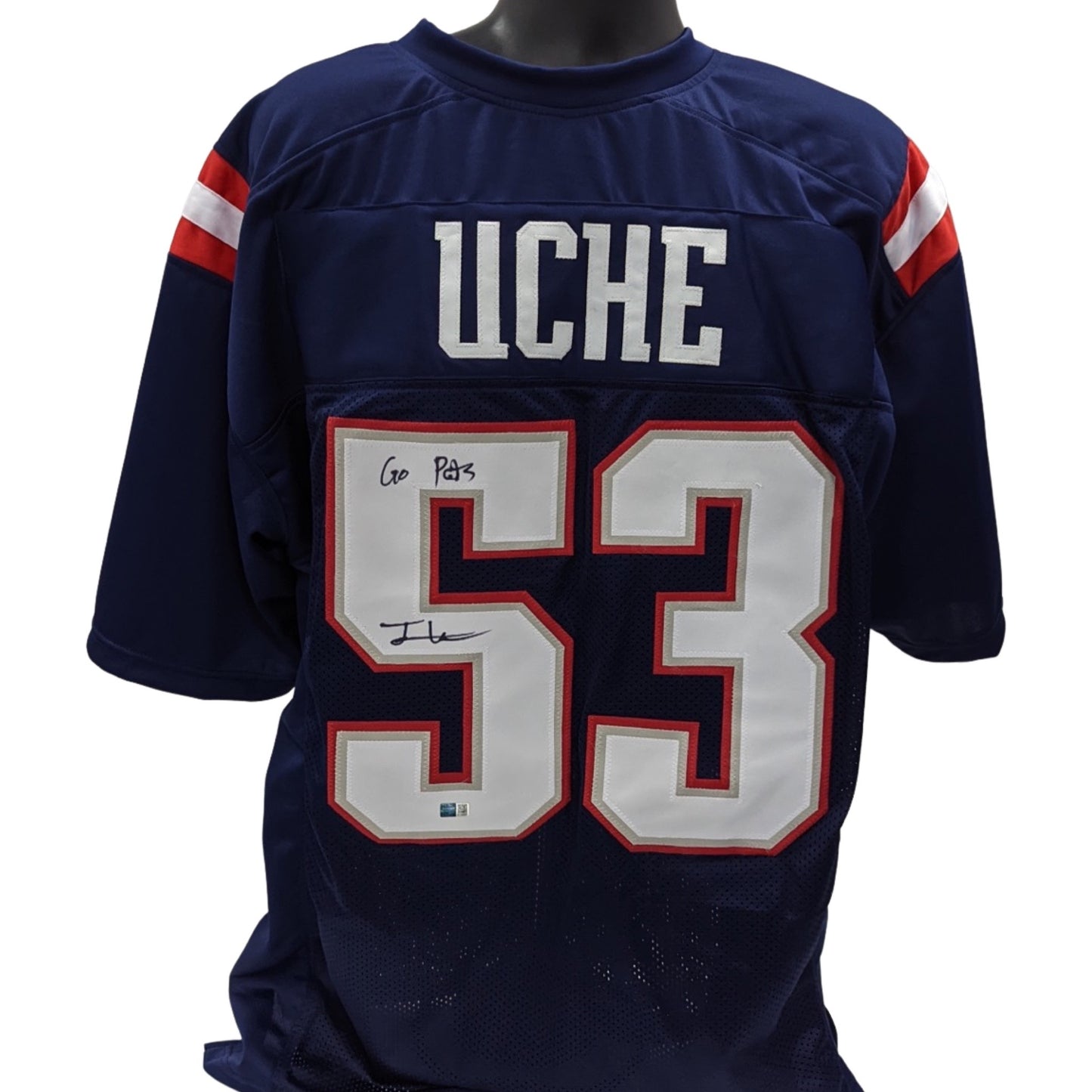 Josh Uche Autographed New England Patriots Blue Jersey “Go Pats” Inscription Steiner CX