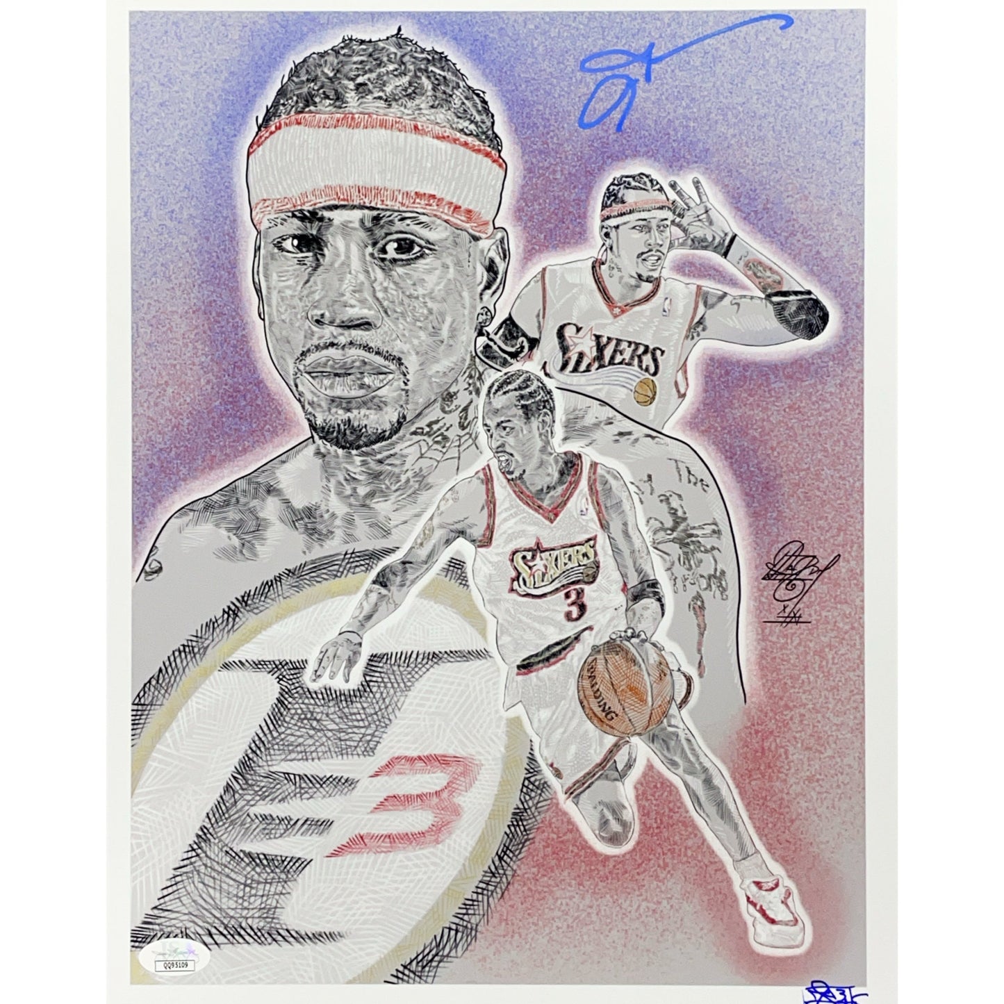 Allen Iverson Autographed Mazz Adams Art Philadelphia 76ers 11x14 PSA