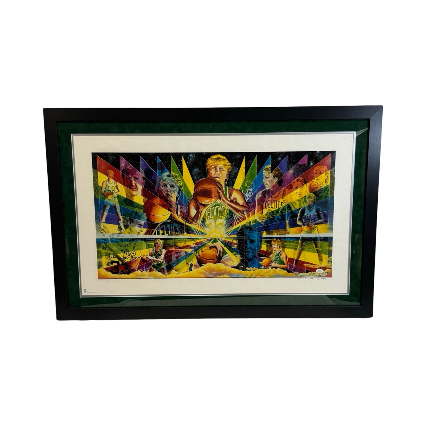 Larry Bird Autographed Boston Celtics Framed 20x34 Allen Hackney Art 706/1200 JSA 27x41 Frame
