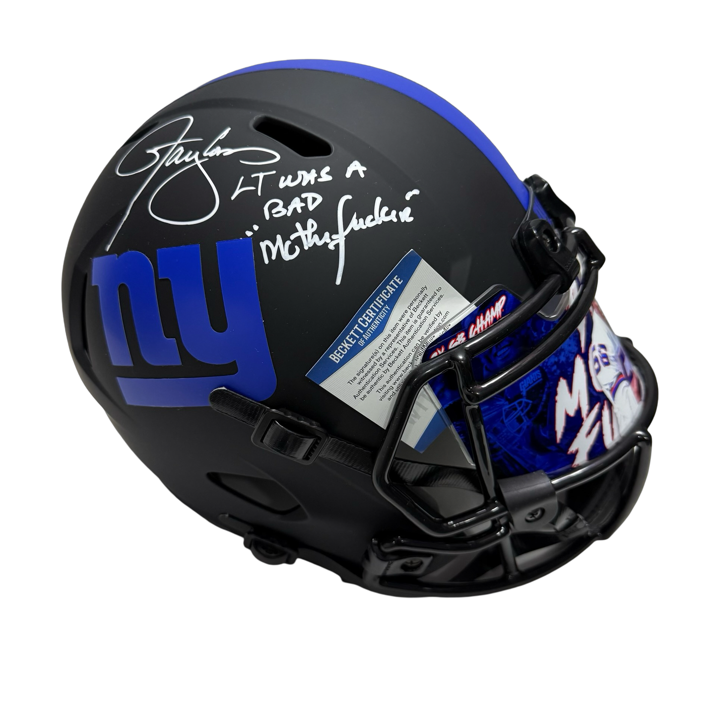 Lawrence Taylor Autographed New York Giants "LT was a BAD Motherf*cker" Inscribed Eclipse Replica Helmet w/ Visor Beckett