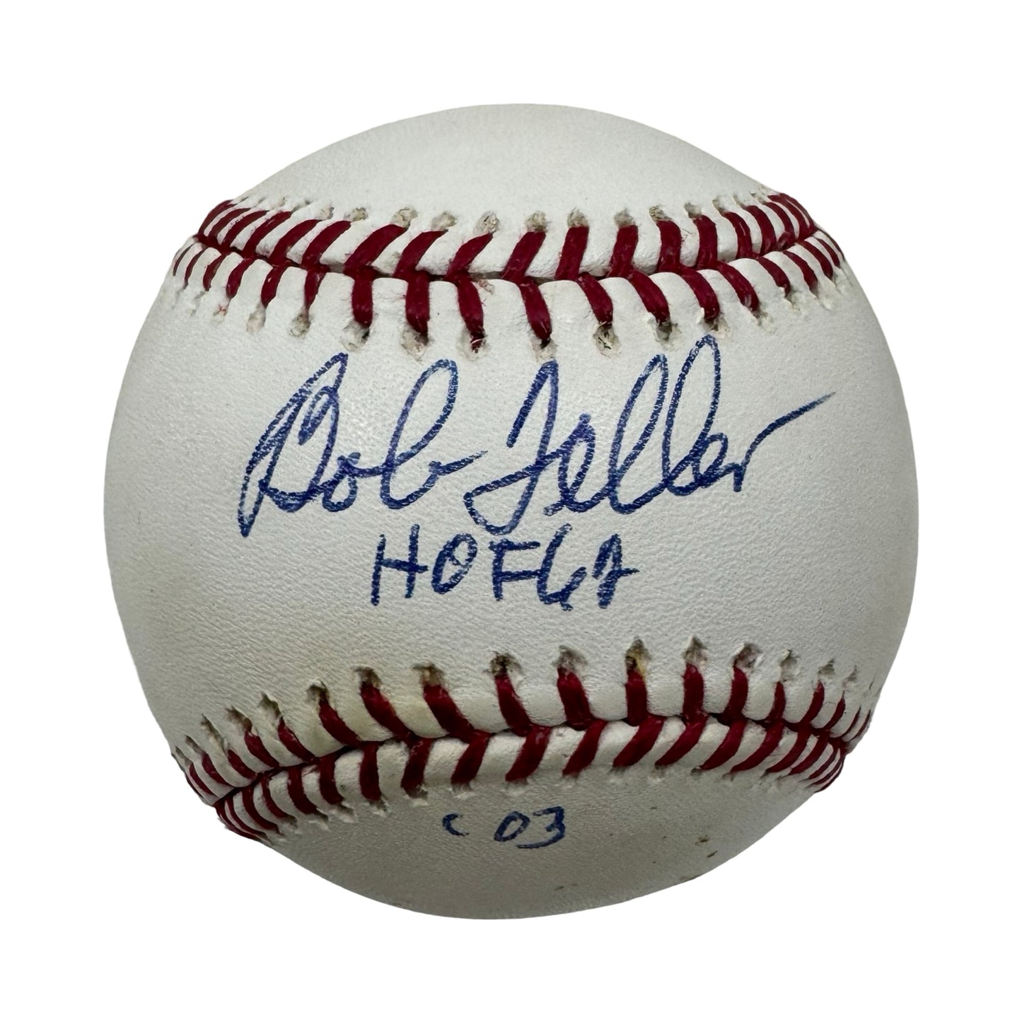 Bob Feller Autographed Official American League Baseball "HOF 62, '03" Inscription JSA