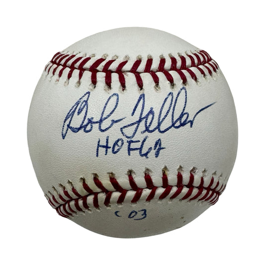 Bob Feller Autographed Official American League Baseball "HOF 62, '03" Inscription JSA