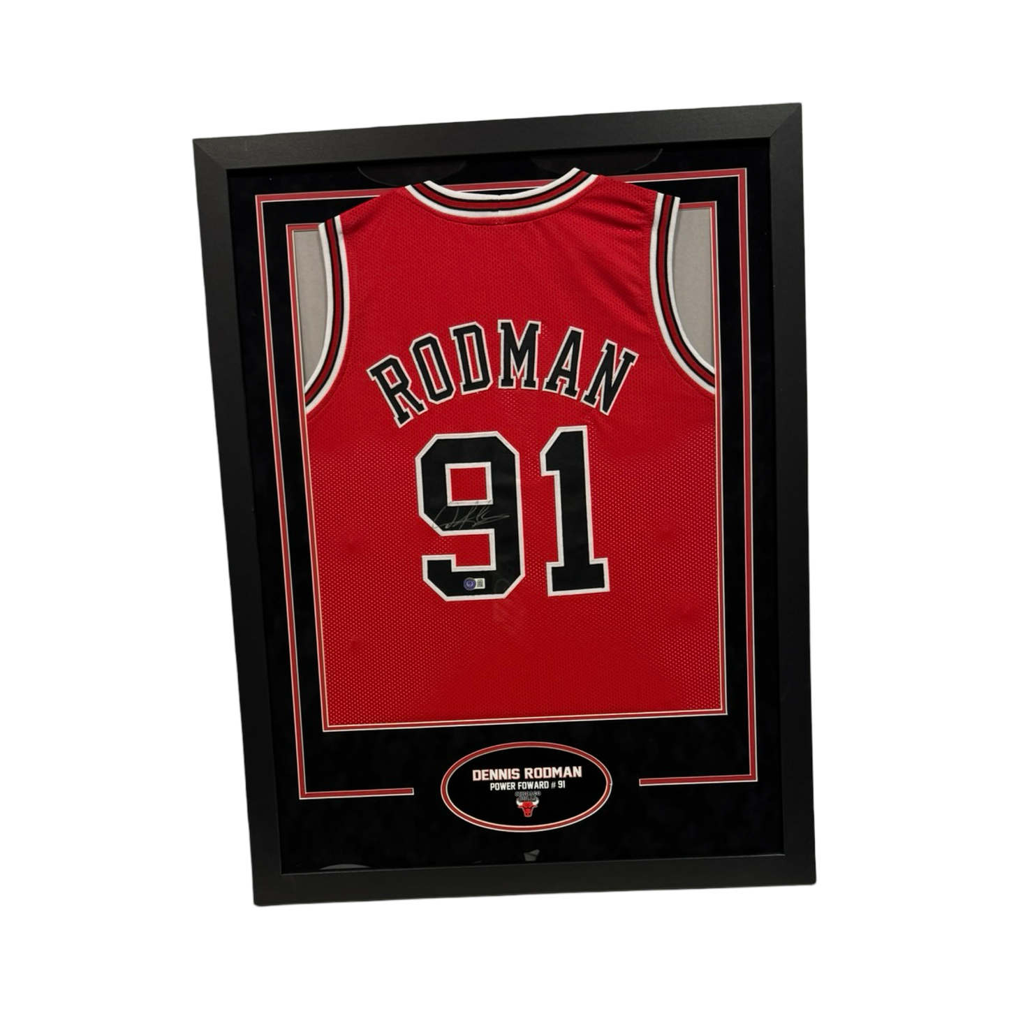 Dennis Rodman Autographed Chicago Bulls Red Jersey Beckett - Framed