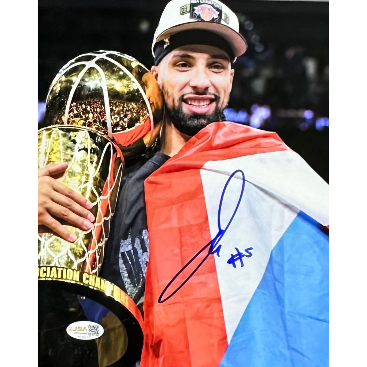 Jose Alvarado New York Knicks w/ trophy Autographed 8x10 JSA